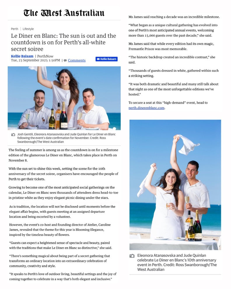 Article from 'The West Australian' about Le Diner en Blanc event with images of people on a beach.