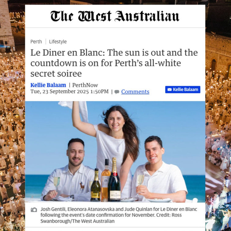 News article about Le Diner en Blanc event in Perth with a photo of people at the event.
