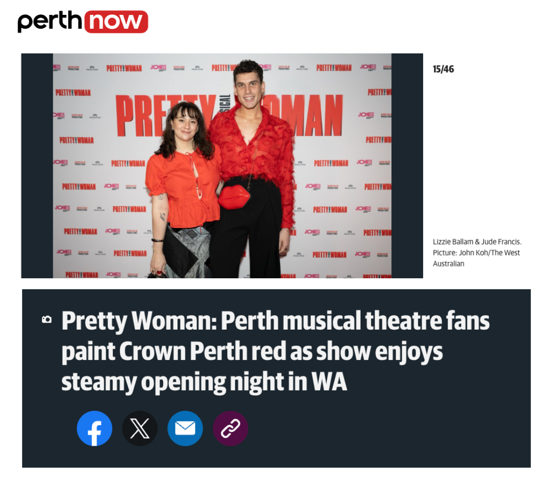News article about 'Pretty Woman' musical with two people in front of a branded backdrop, featuring 'perth now' logo.